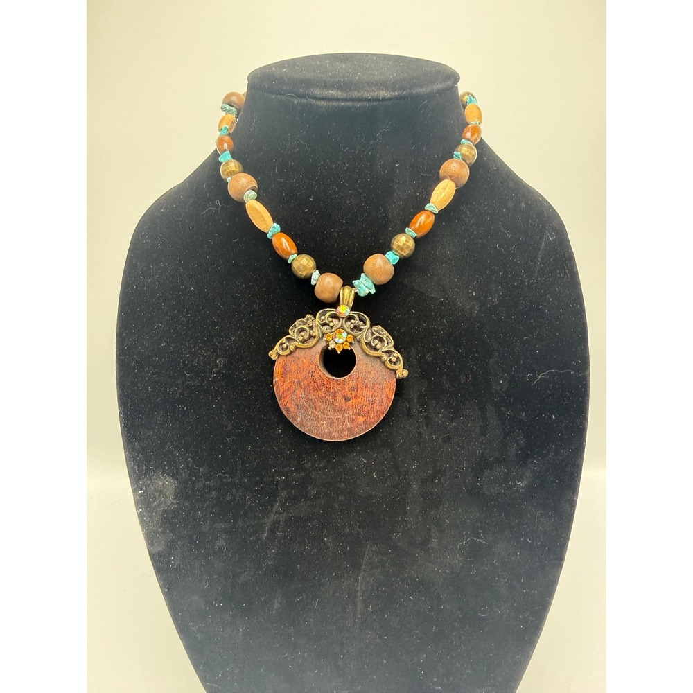 Boho Wood Pendant‎ Necklace Bronze TurquoiseBeads Rhinestone missing stone